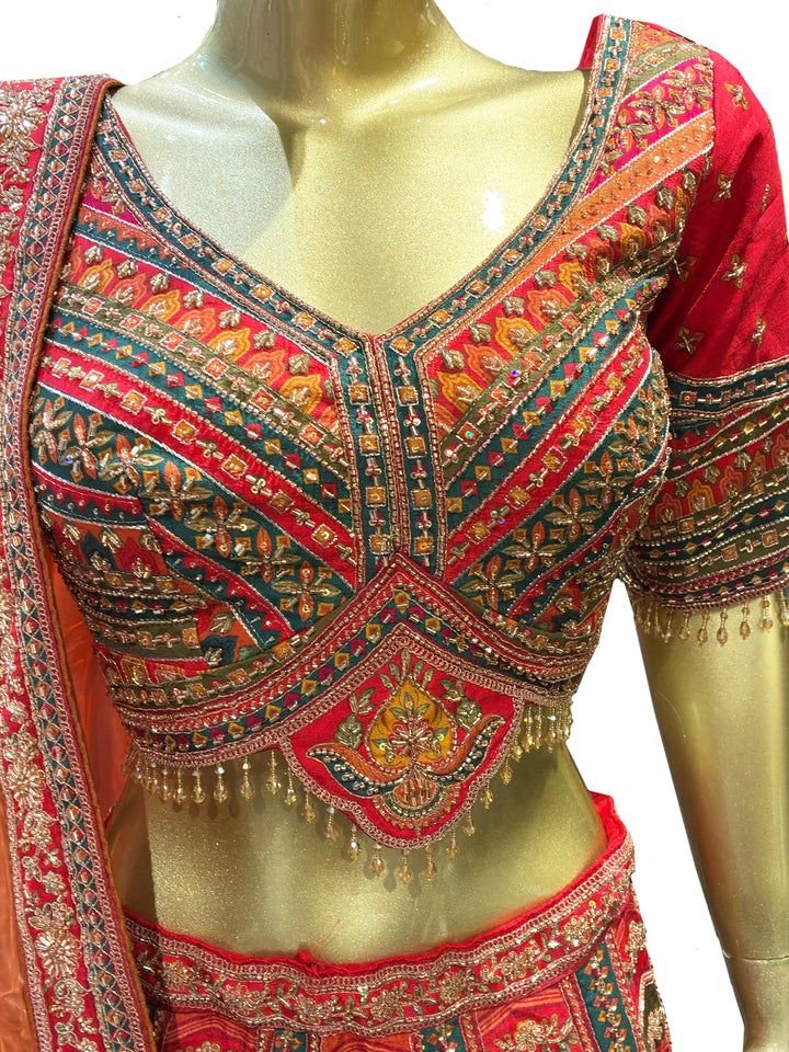Multicolor Chevron Embroidered Lehenga Choli Set with Orange Dupatta