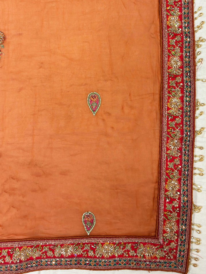 Multicolor Chevron Embroidered Lehenga Choli Set with Orange Dupatta