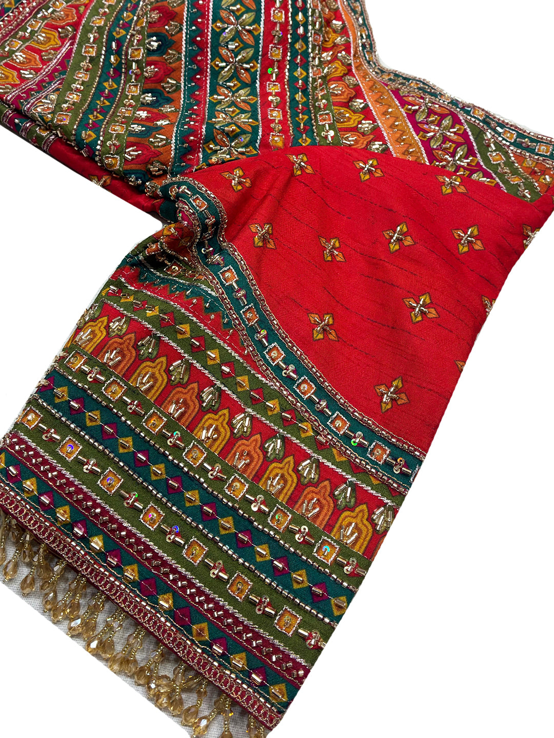 Multicolor Chevron Embroidered Lehenga Choli Set with Orange Dupatta