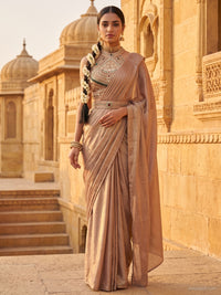 Beige Pre-Draped Saree with Heavy Stone Embellished Halter Blouse