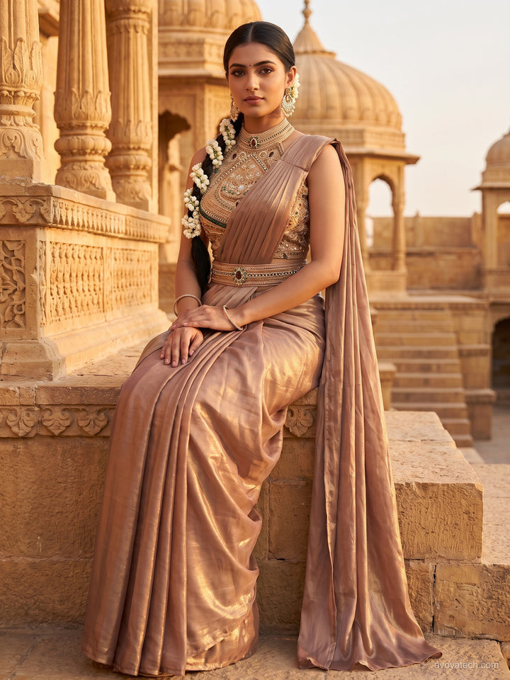 Beige Pre-Draped Saree with Heavy Stone Embellished Halter Blouse