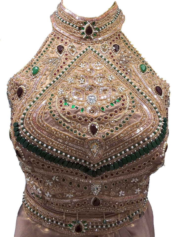 Beige Pre-Draped Saree with Heavy Stone Embellished Halter Blouse