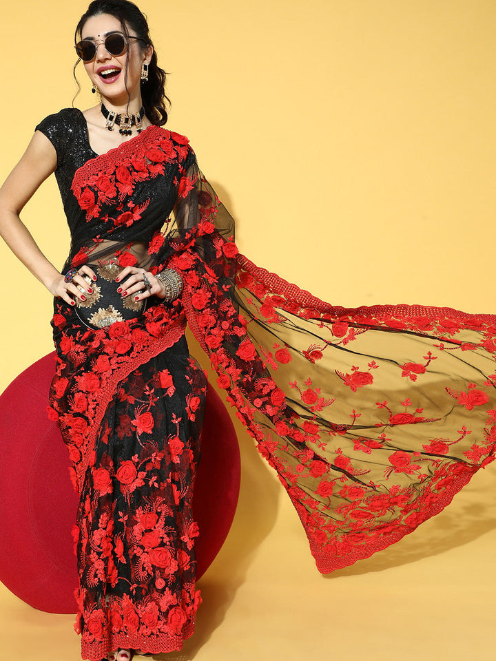 Black Tulle Resham Embroidered & Pearl Embellished Floral Saree