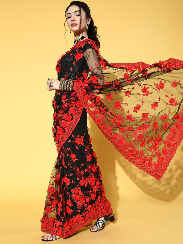 Black Tulle Resham Embroidered & Pearl Embellished Floral Saree