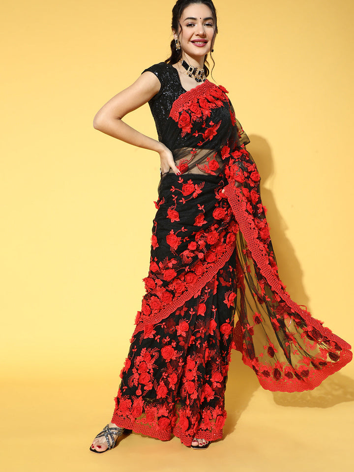 Black Tulle Resham Embroidered & Pearl Embellished Floral Saree