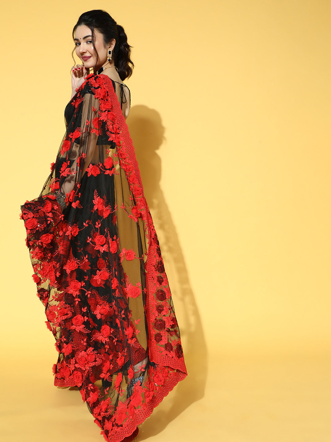 Black Tulle Resham Embroidered & Pearl Embellished Floral Saree