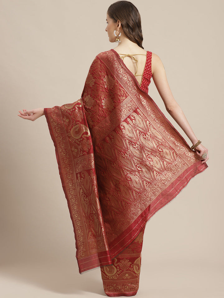 Banarasi Handloom Saree with Gold Zari Oxidised Weaving and Floral Ethnic Pattern
