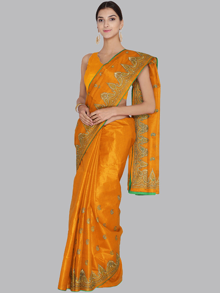 Orange Colored Art Silk  Heavy Embroidered Saree