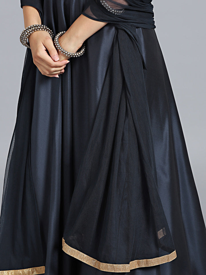 Sequinned High-Neck SIlk Gown with Net Dupatta