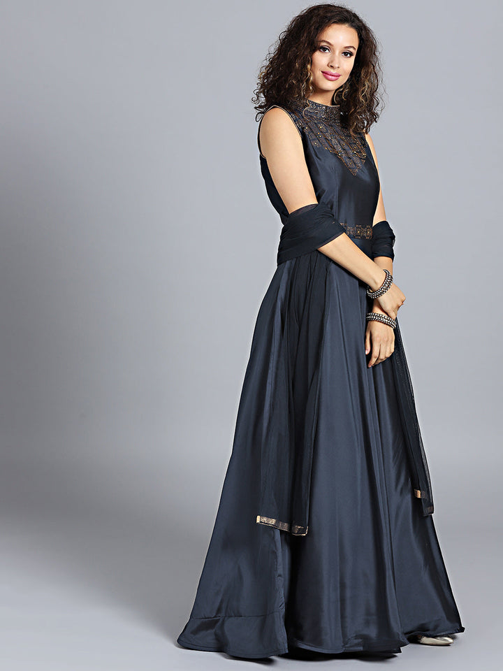 Sequinned High-Neck SIlk Gown with Net Dupatta