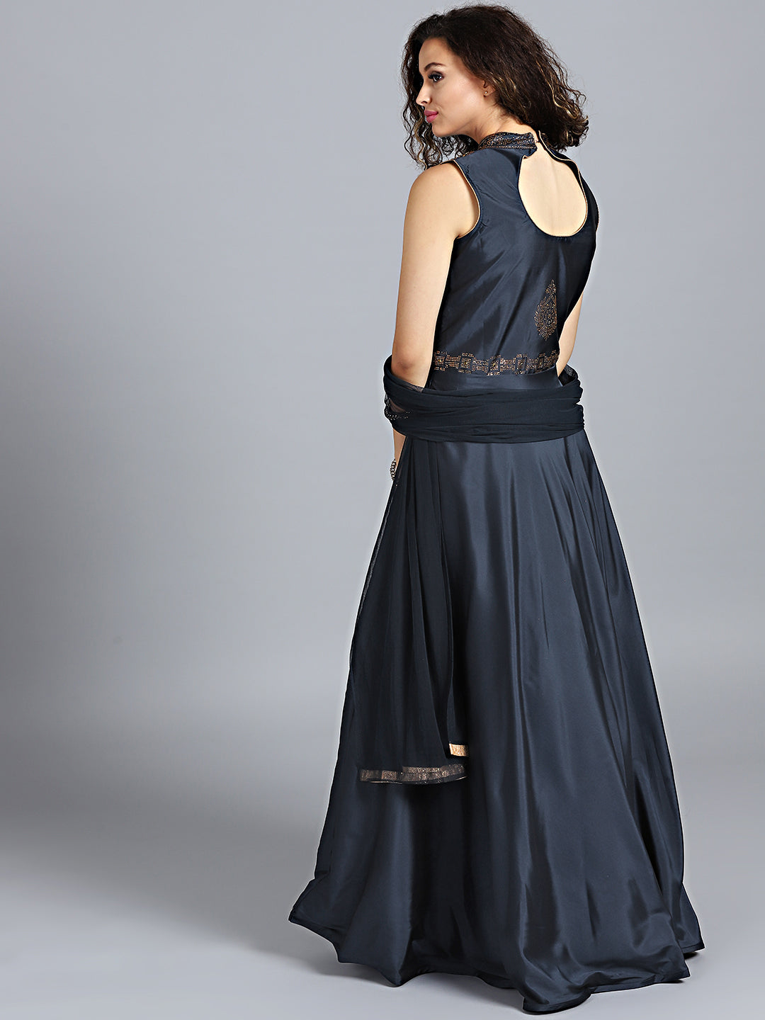 Sequinned High-Neck SIlk Gown with Net Dupatta