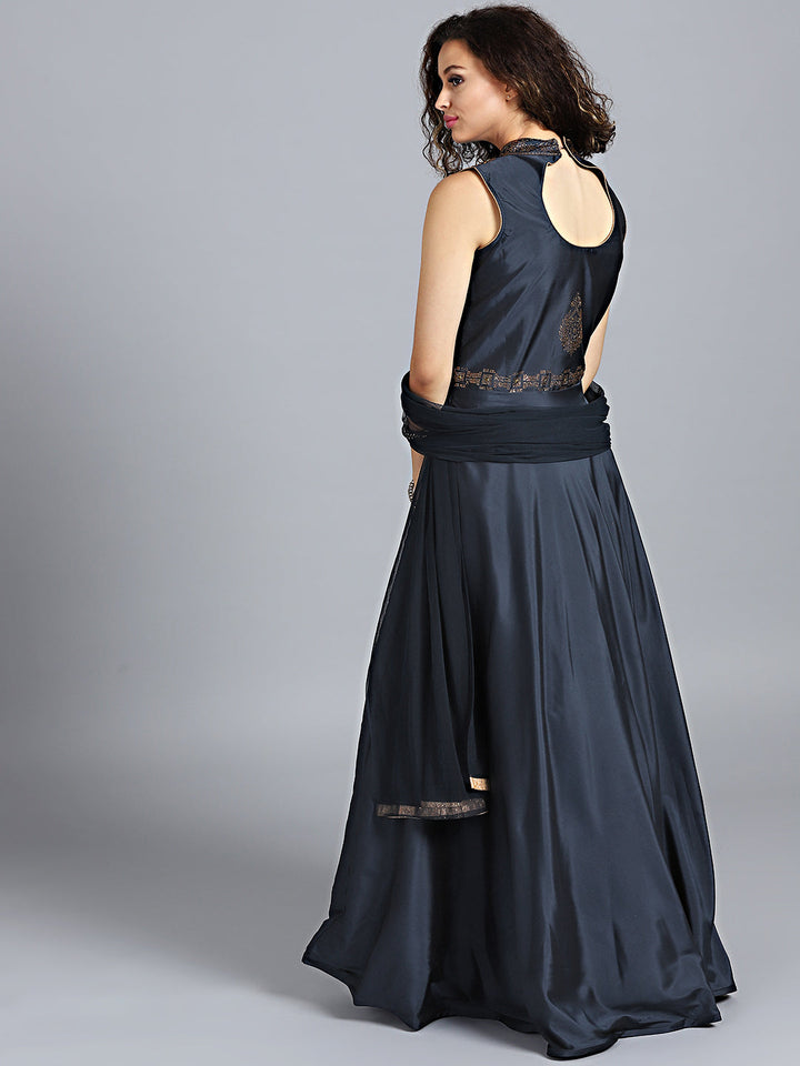 Sequinned High-Neck SIlk Gown with Net Dupatta