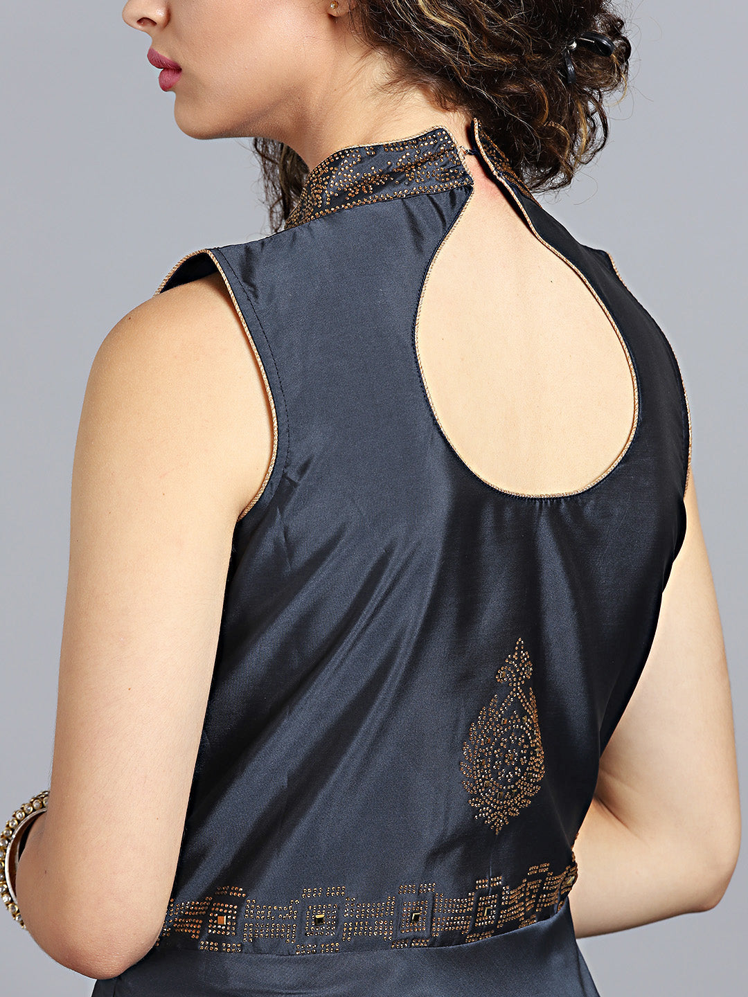 Sequinned High-Neck SIlk Gown with Net Dupatta