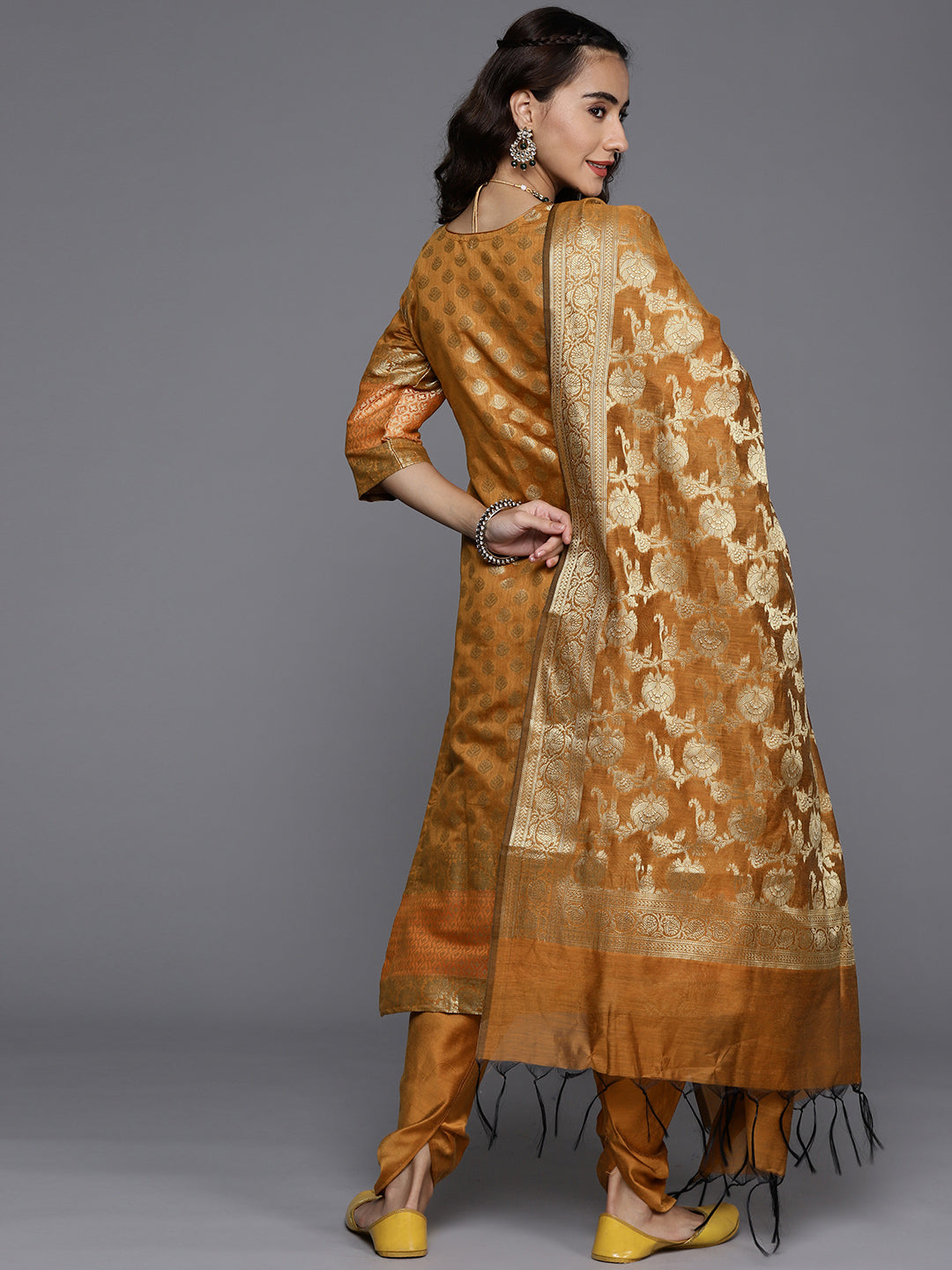 Made to Measure Mustard Banarasi Dhoti Kurta Set With Fabric Buttons, Handloom Dupatta