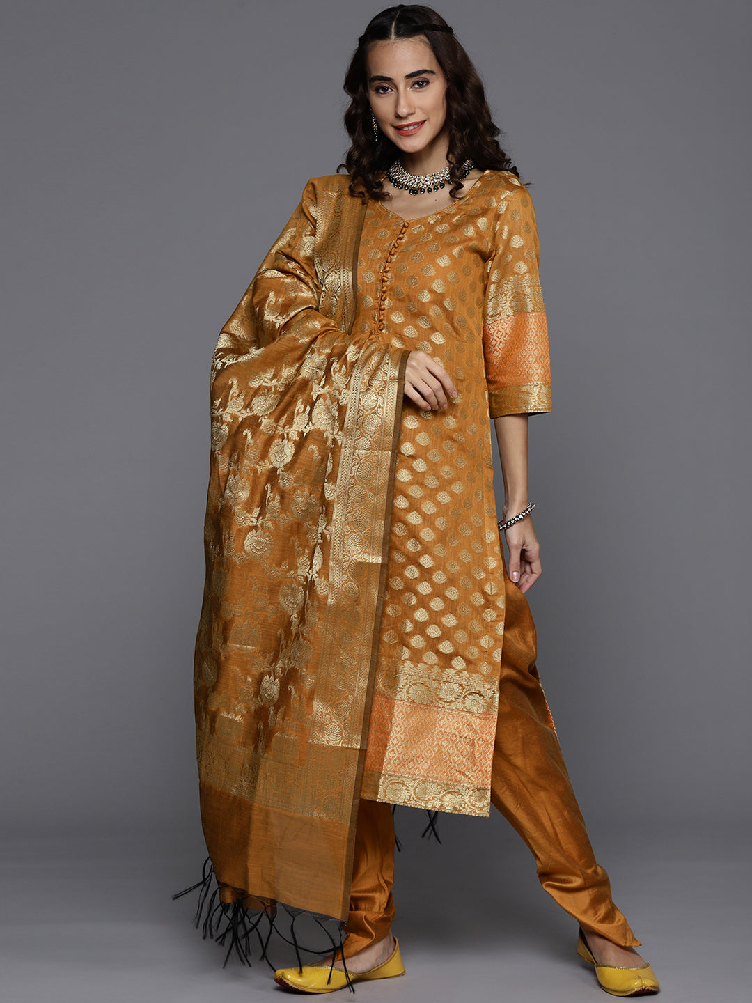 Unstitched Mustard Banarasi Kurta Set With Handloom Dupatta