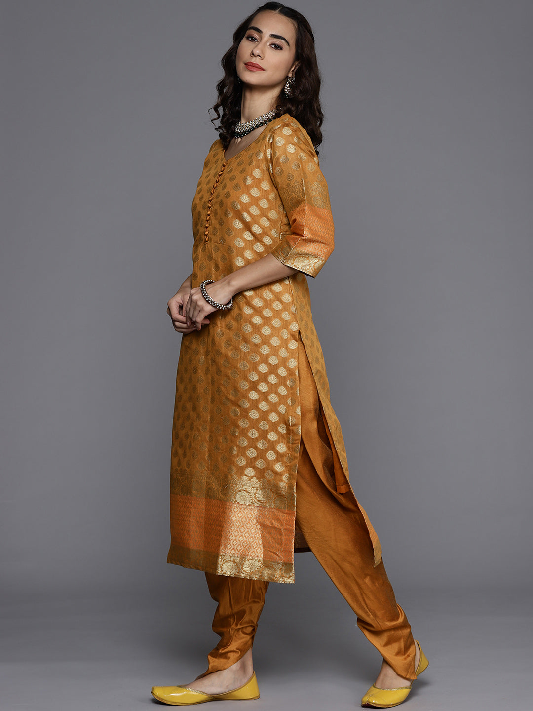 Made to Measure Mustard Banarasi Dhoti Kurta Set With Fabric Buttons, Handloom Dupatta