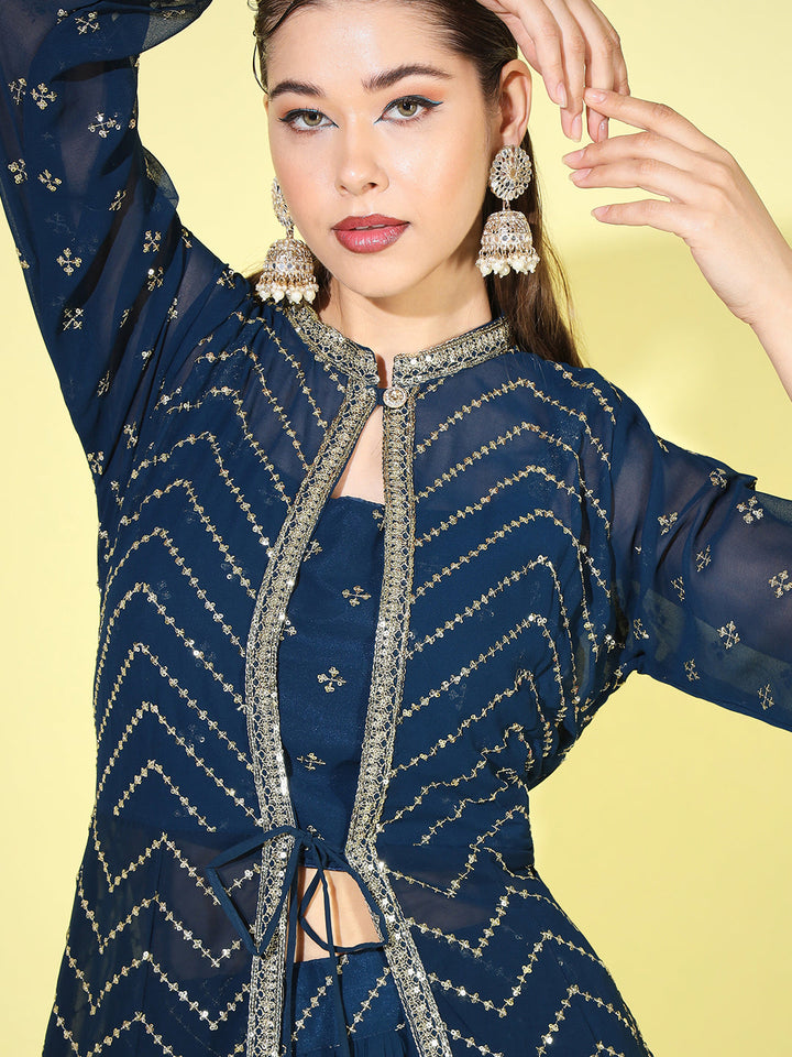 Sequin Georgette Lehenga Choli Dupatta Set with Long Jacket