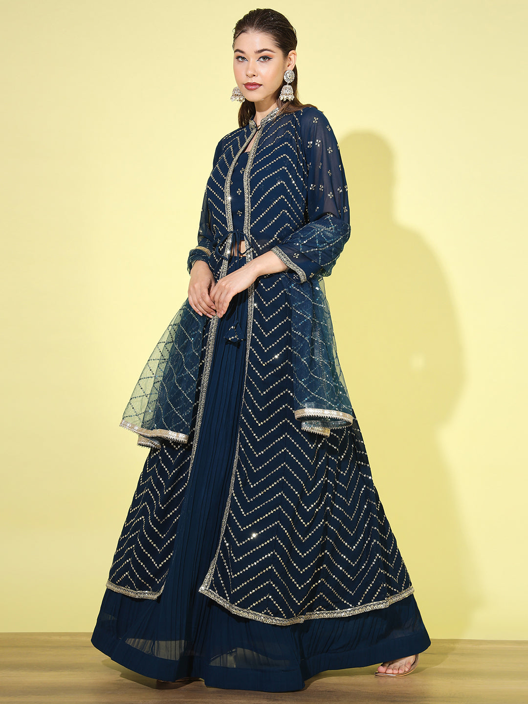 Sequin Georgette Lehenga Choli Dupatta Set with Long Jacket