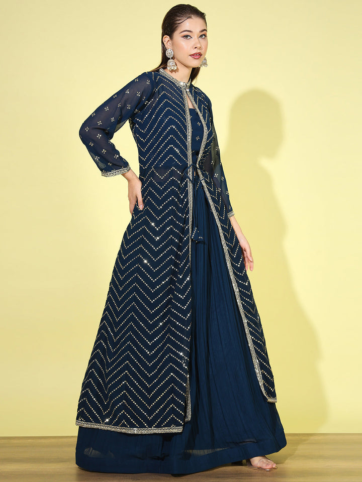 Sequin Georgette Lehenga Choli Dupatta Set with Long Jacket