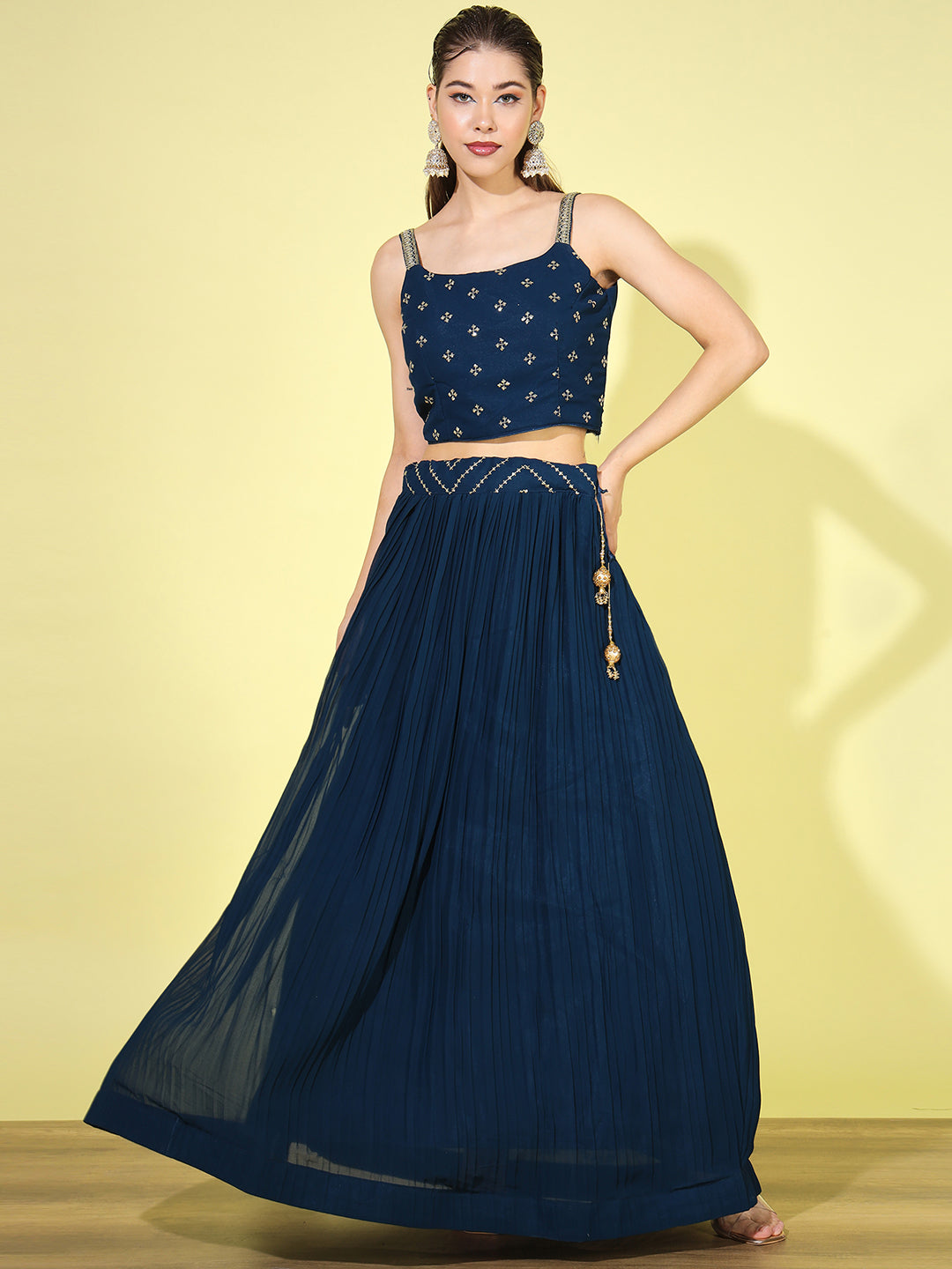 Sequin Georgette Lehenga Choli Dupatta Set with Long Jacket