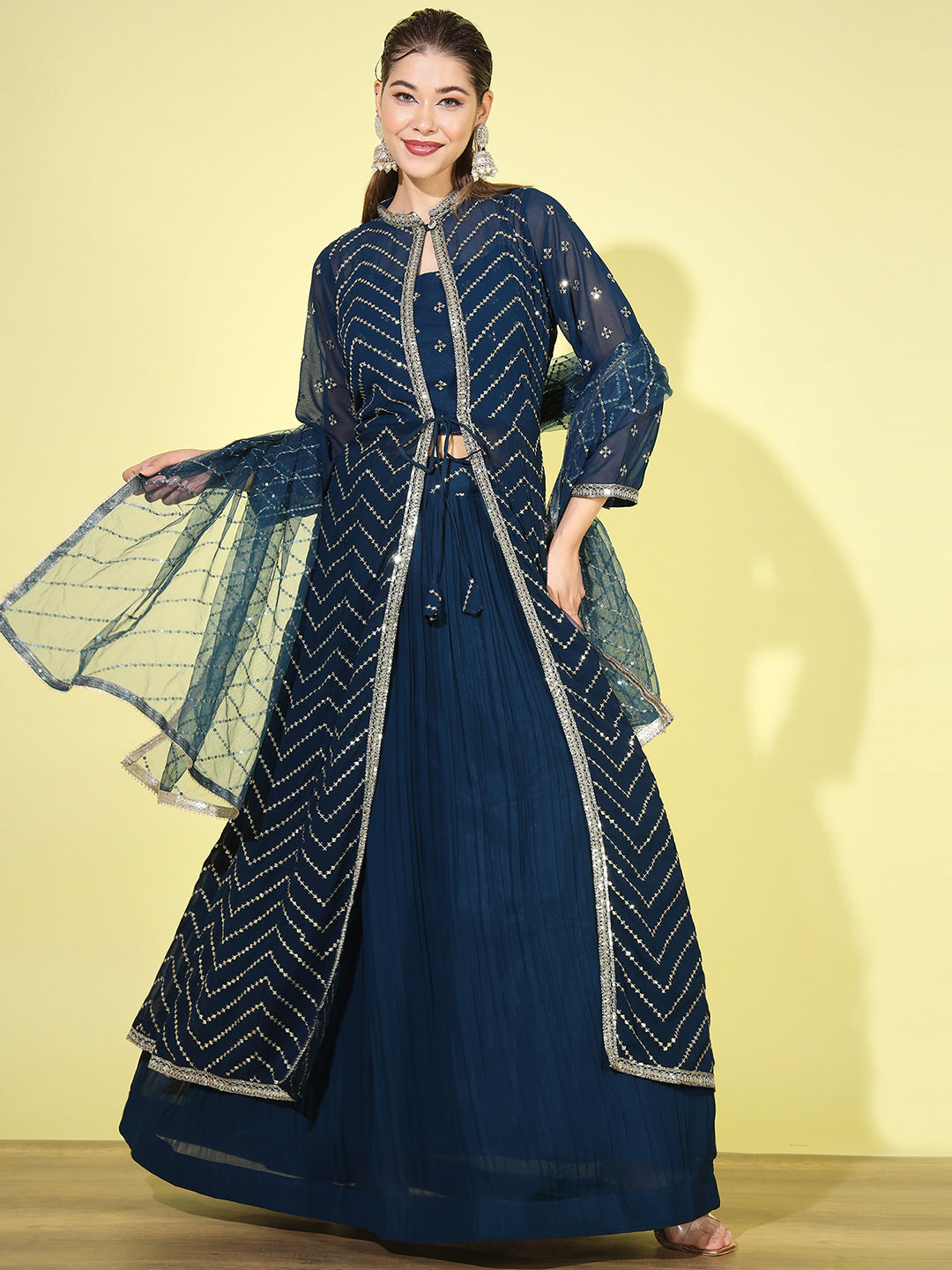 Sequin Georgette Lehenga Choli Dupatta Set with Long Jacket