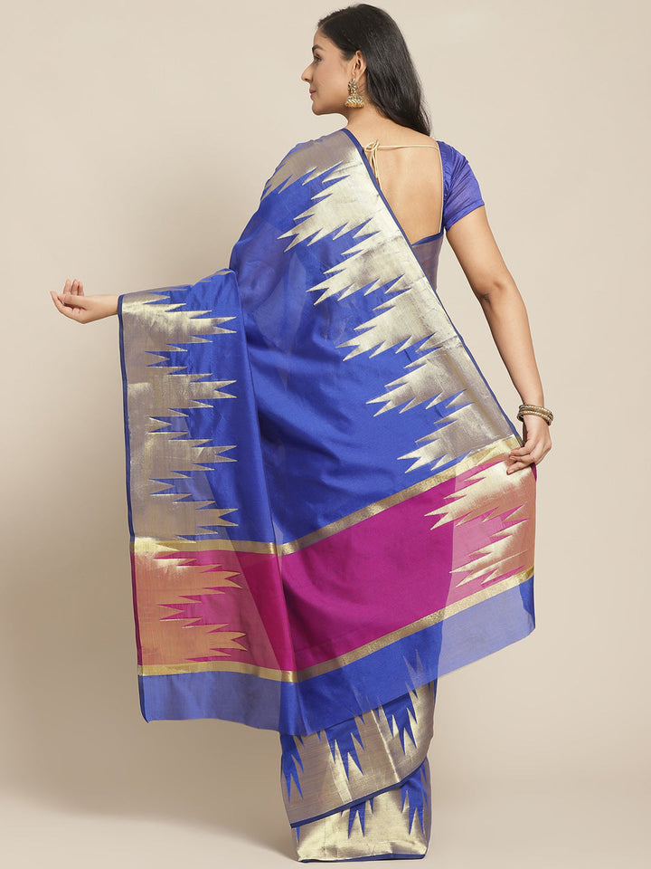 Banarasi Handloom Royal Blue Saree with Gold Zari Temple Border & Contrast Bl