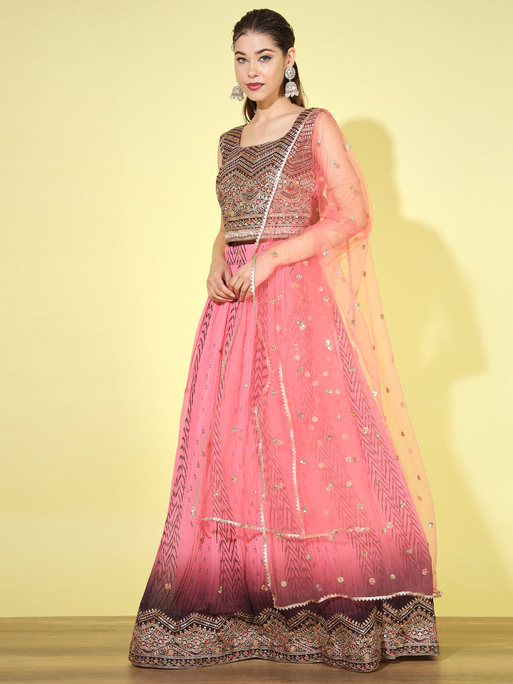 Ombre Resham & Sequin Work Georgette Pleated Lehenga Choli Dupatta Set