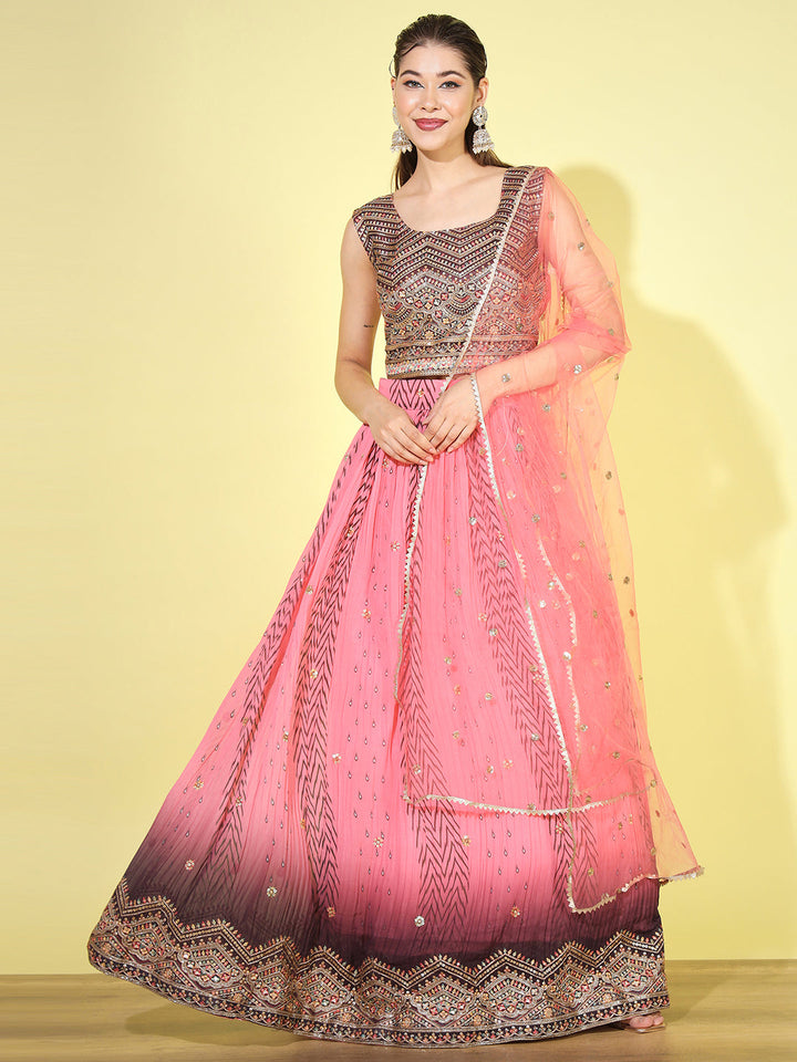 Ombre Resham & Sequin Work Georgette Pleated Lehenga Choli Dupatta Set