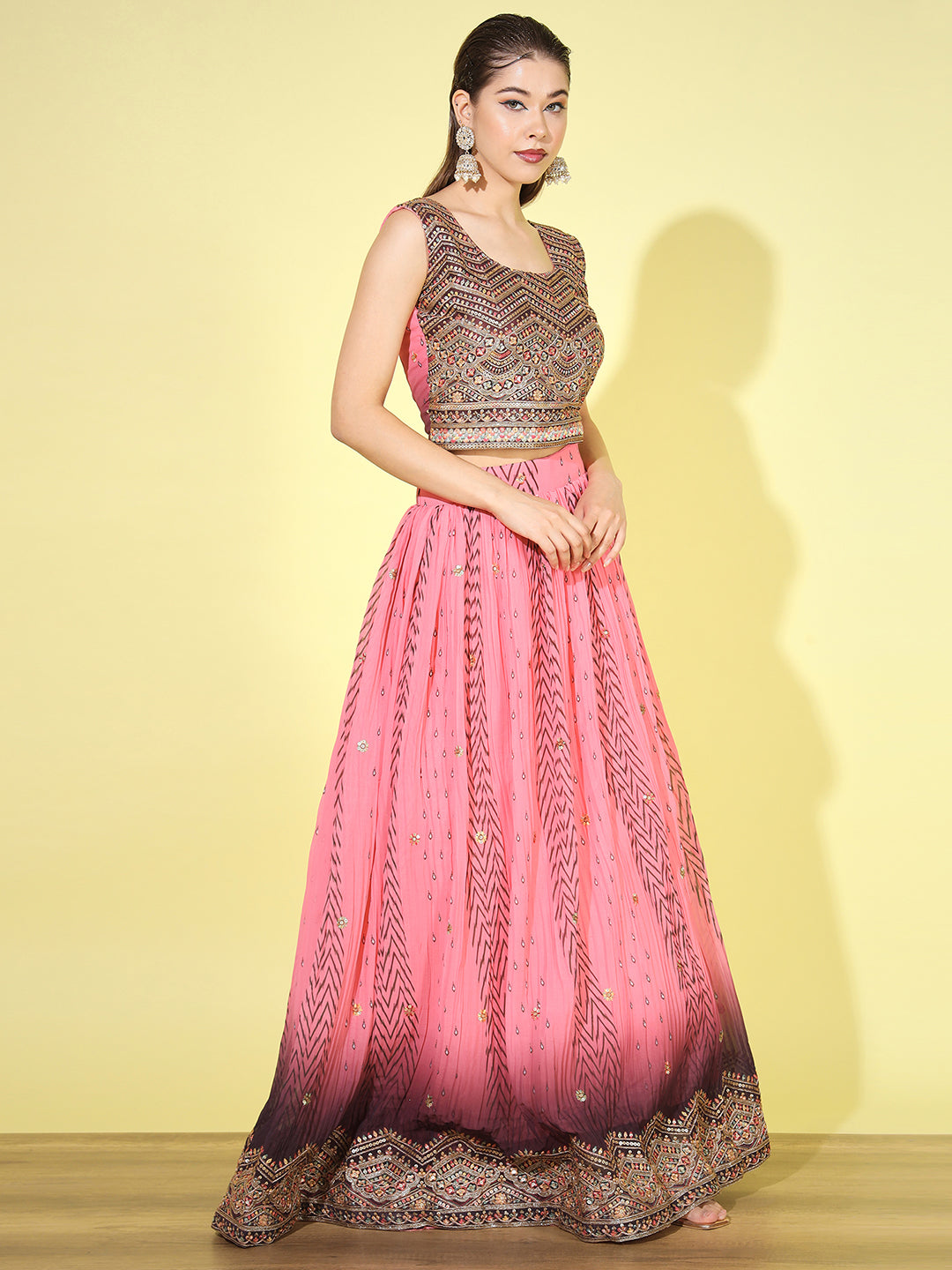 Ombre Resham & Sequin Work Georgette Pleated Lehenga Choli Dupatta Set