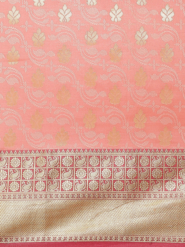 Banarasi Jamdani Embossed Handloom Saree with Paisley Weaving & Contrast Border, Pallu