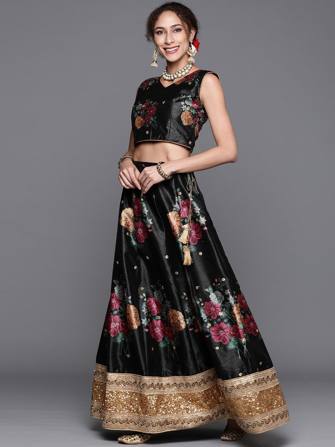 Made-To-Measure Chanderi Silk Digital Prints Floral Crop-Top Set & Sequence Embroidery
