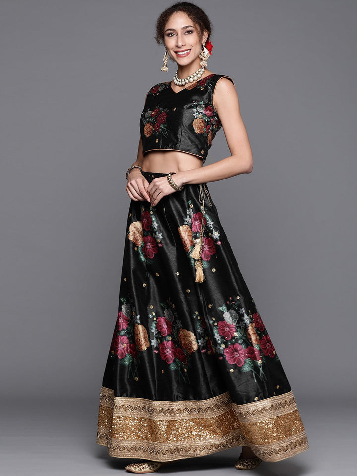 Made-To-Measure Chanderi Silk Digital Prints Floral Crop-Top Set & Sequence Embroidery