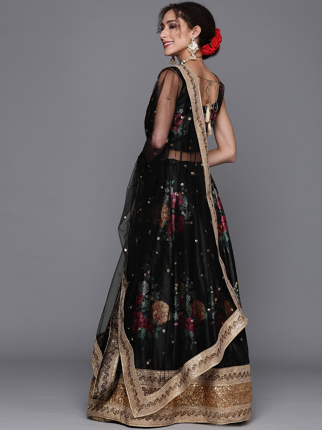 Made-To-Measure Chanderi Silk Digital Prints Floral Crop-Top Set & Sequence Embroidery