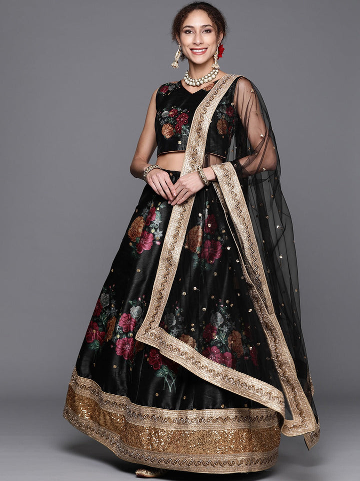 Made-To-Measure Chanderi Silk Digital Prints Floral Crop-Top Set & Sequence Embroidery
