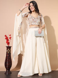 Cream Embroidered Crop Top with Flared Cape and Palazzo