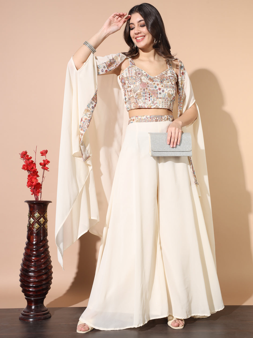 Cream Embroidered Crop Top with Flared Cape and Palazzo - Main Image