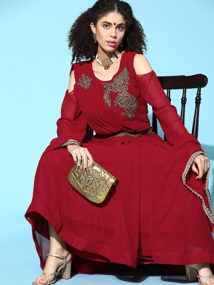 Made to Measure Red Gotta Patti & Crystal Embroidered Georgette Gown