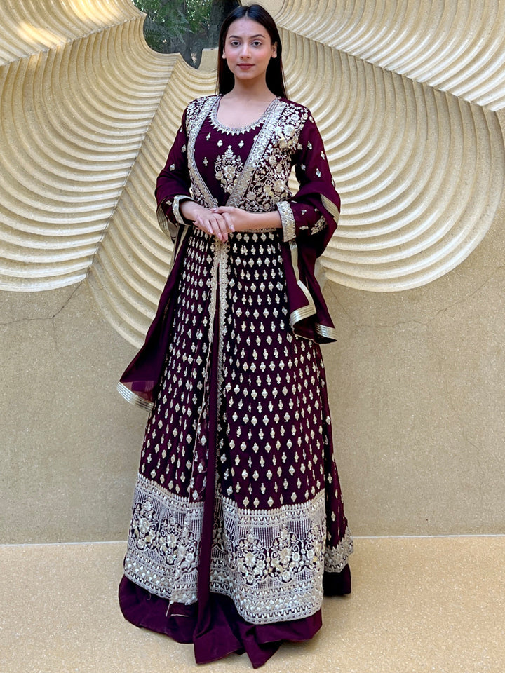 Chhabra 555 Burgundy Flared Gown With Zari Embroidered Embellished Long Jacket