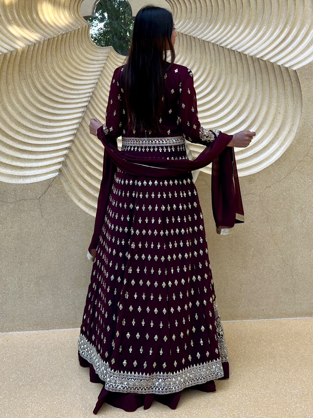 Chhabra 555 Burgundy Flared Gown With Zari Embroidered Embellished Long Jacket