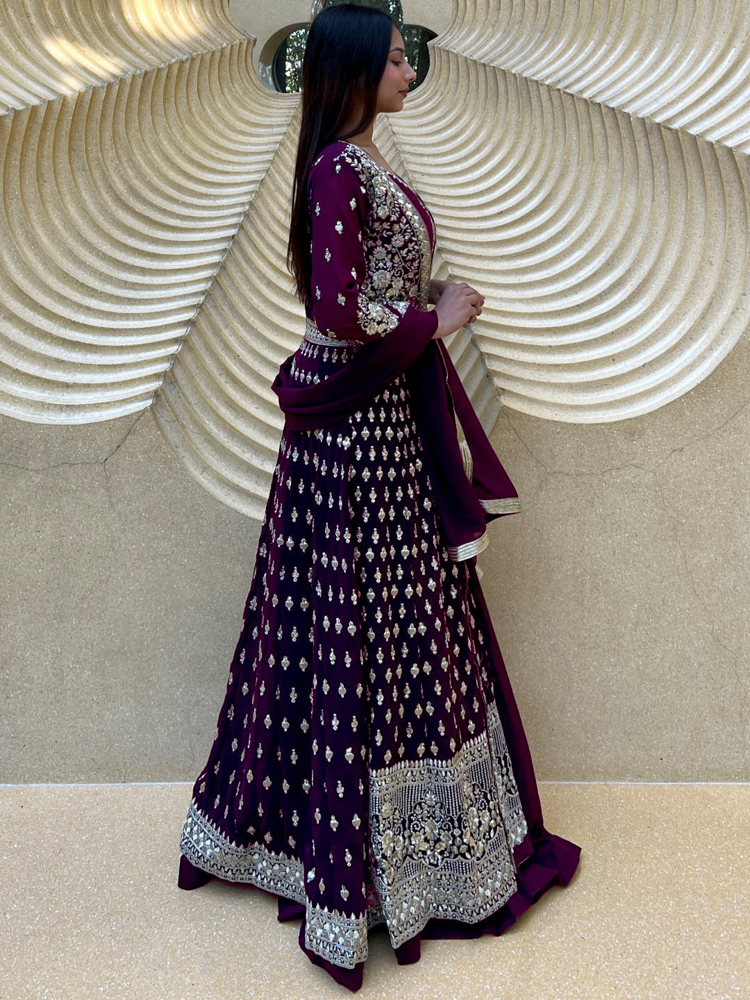 Chhabra 555 Burgundy Flared Gown With Zari Embroidered Embellished Long Jacket