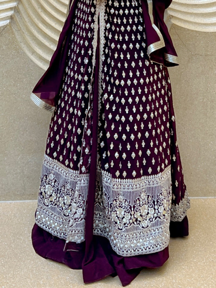 Chhabra 555 Burgundy Flared Gown With Zari Embroidered Embellished Long Jacket