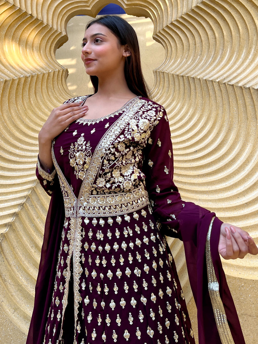 Chhabra 555 Burgundy Flared Gown With Zari Embroidered Embellished Long Jacket