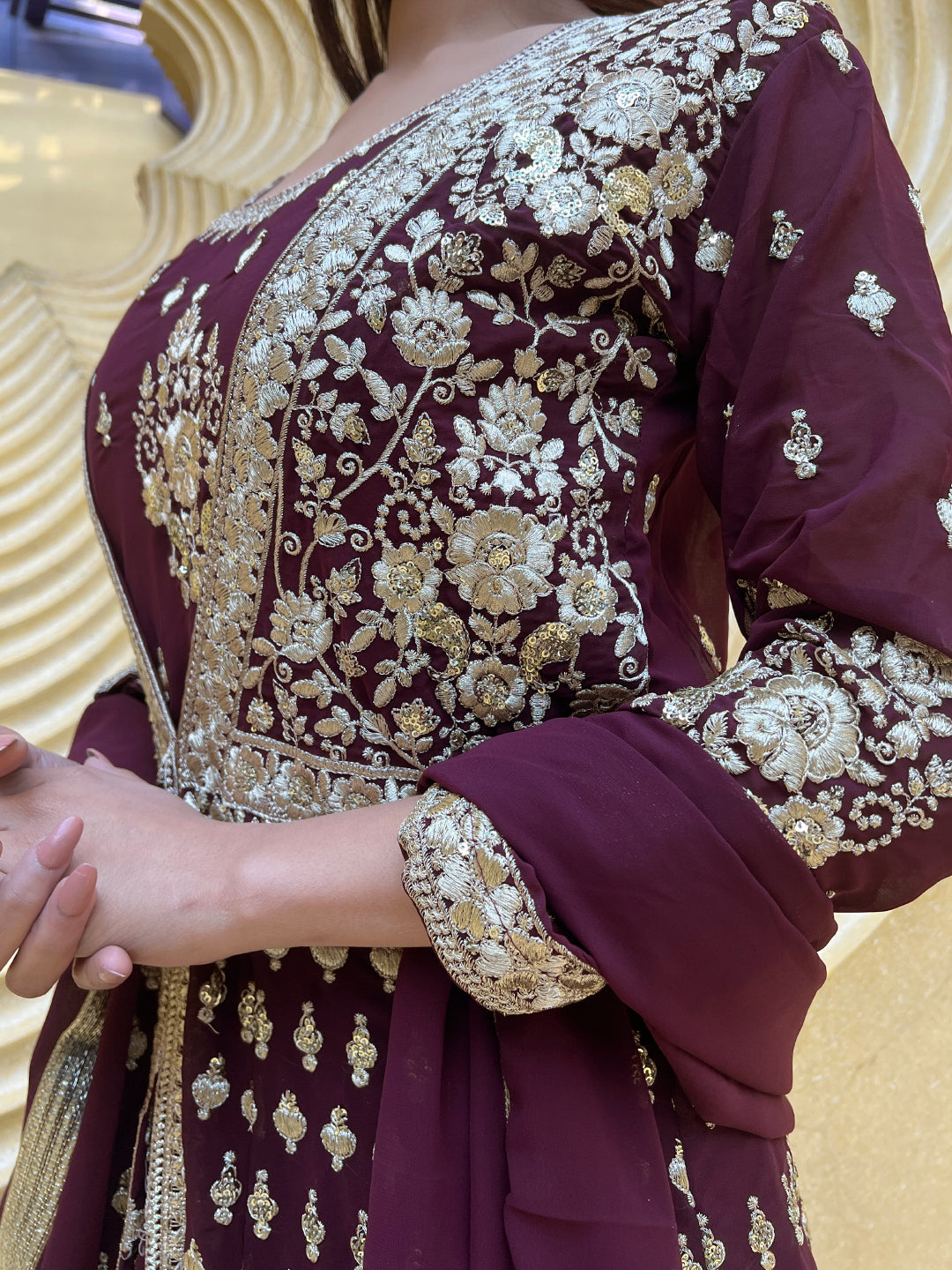 Chhabra 555 Burgundy Flared Gown With Zari Embroidered Embellished Long Jacket