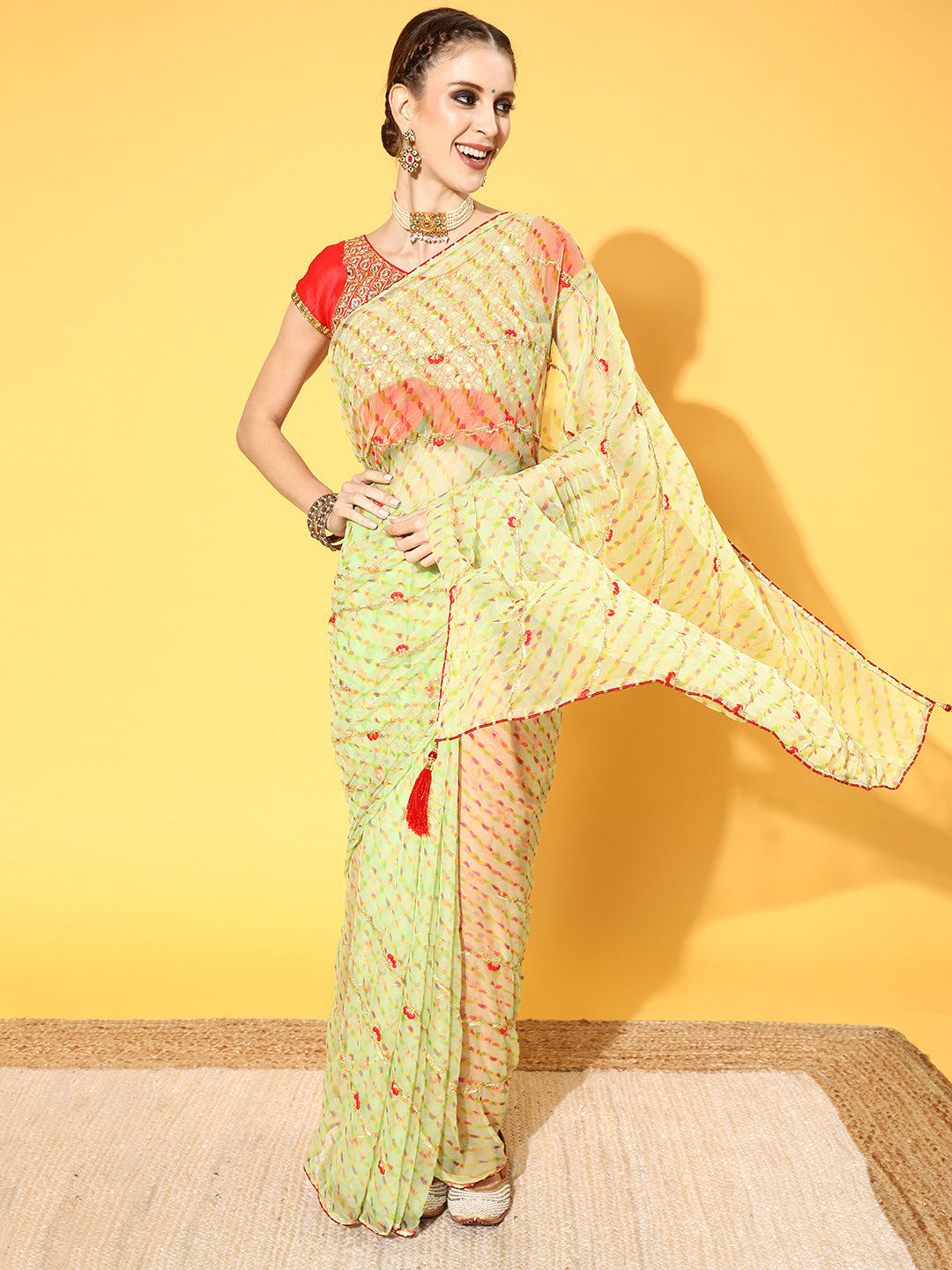 Jaipuri Traditional Leheriya Print Embroidered Georgette Saree
