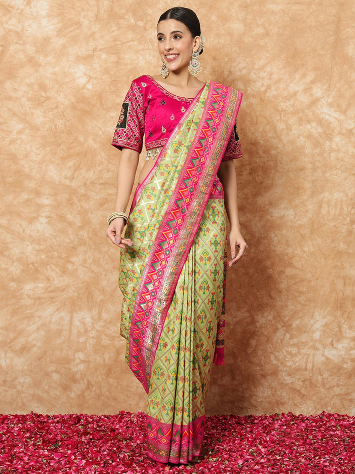 Banarasi Pista Green Silk Saree with Jamdani Geometrical Weaves
