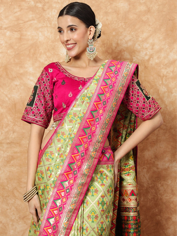 Banarasi Pista Green Silk Saree with Jamdani Geometrical Weaves