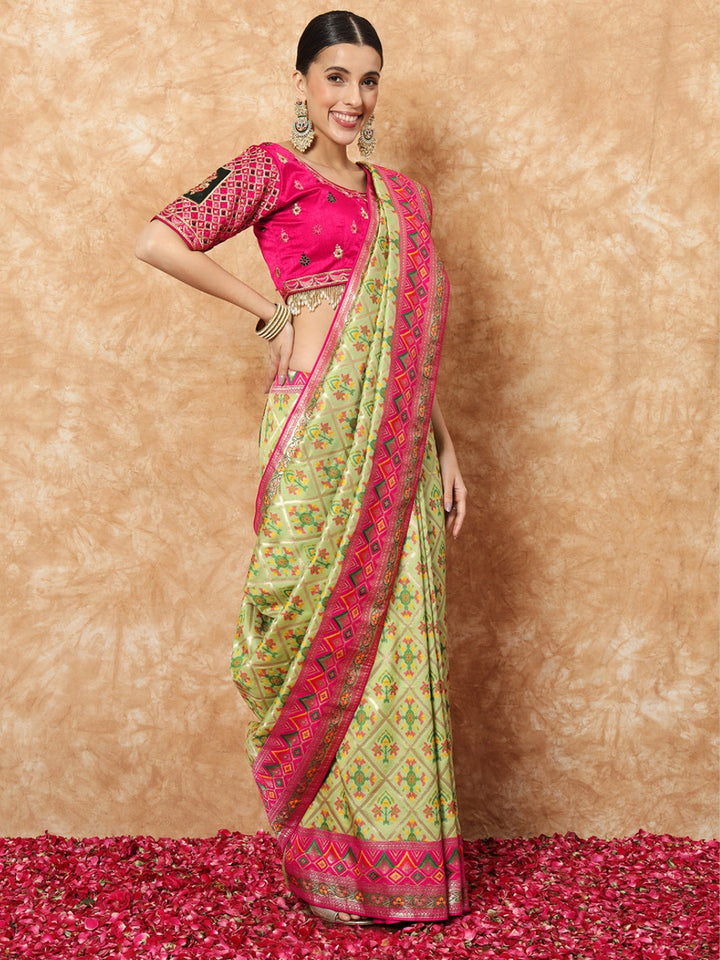 Banarasi Pista Green Silk Saree with Jamdani Geometrical Weaves