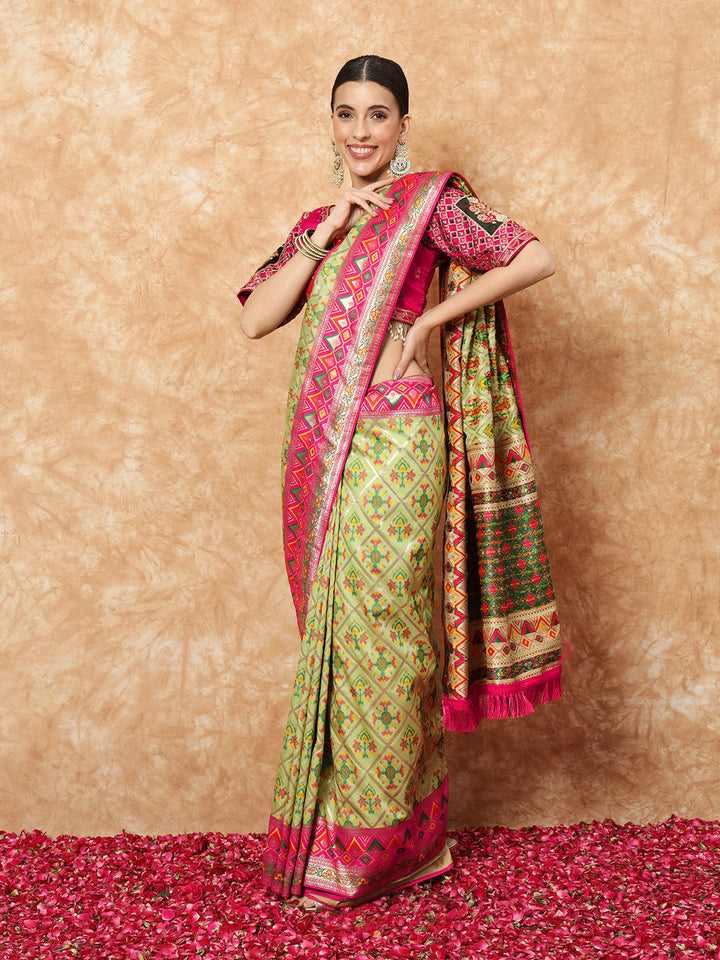 Banarasi Pista Green Silk Saree with Jamdani Geometrical Weaves