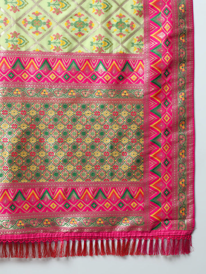 Banarasi Pista Green Silk Saree with Jamdani Geometrical Weaves