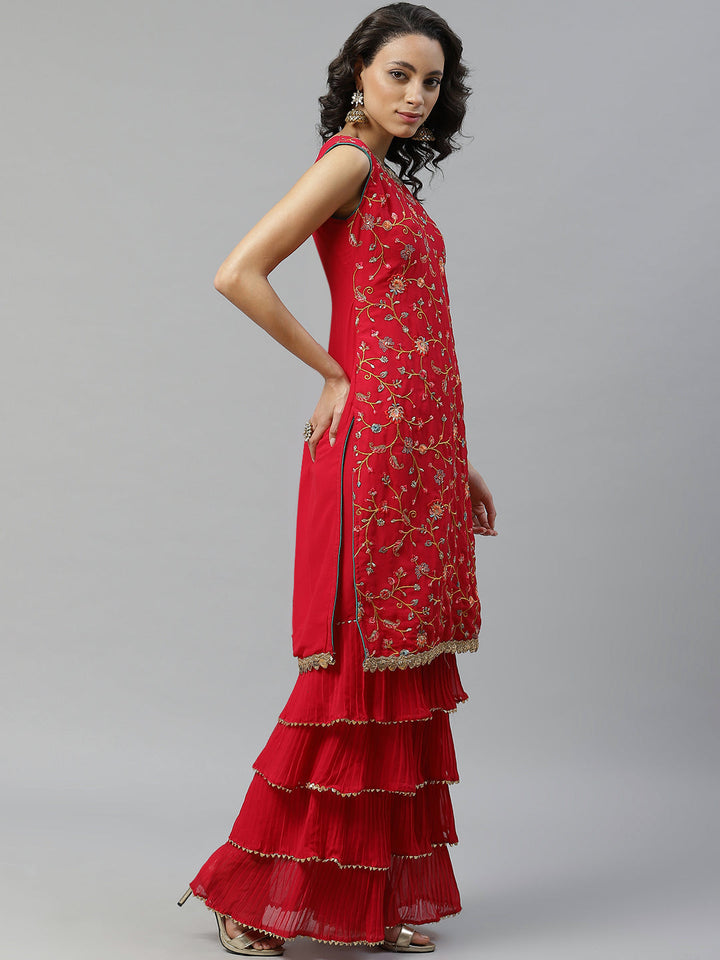 Magenta Thread & Gotta Patti Embroidery Kurta Sharara Set with Net Dupatta & Beads Tassels